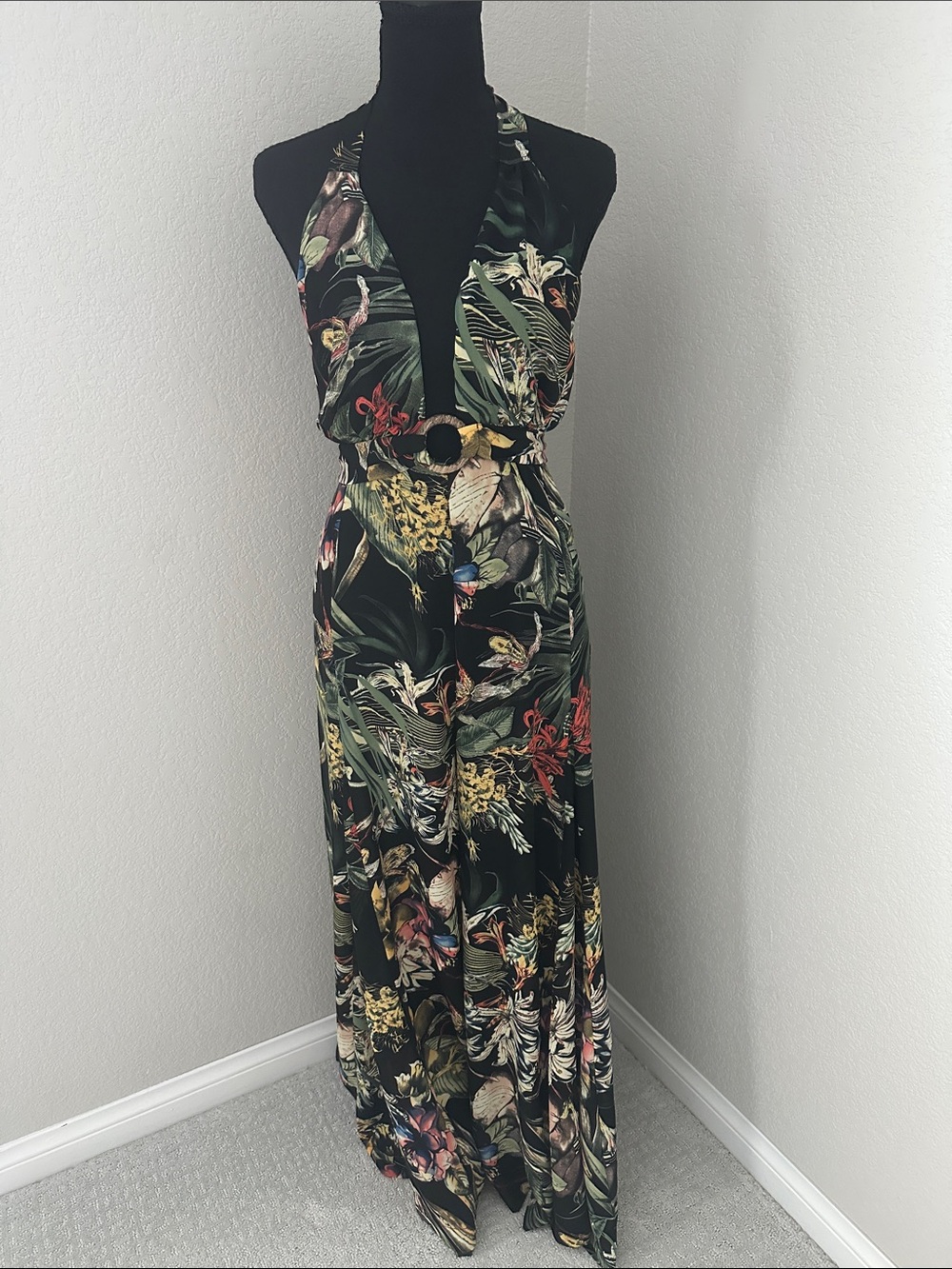 Luxxel Black Tropical Halter Jumpsuit with Ring Detail
